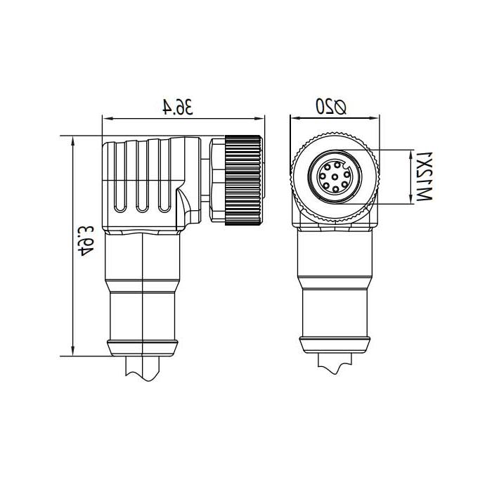 M12 8Pin、母头90°、单端预铸PVC非柔性电缆、灰色护套、64S443-XXX